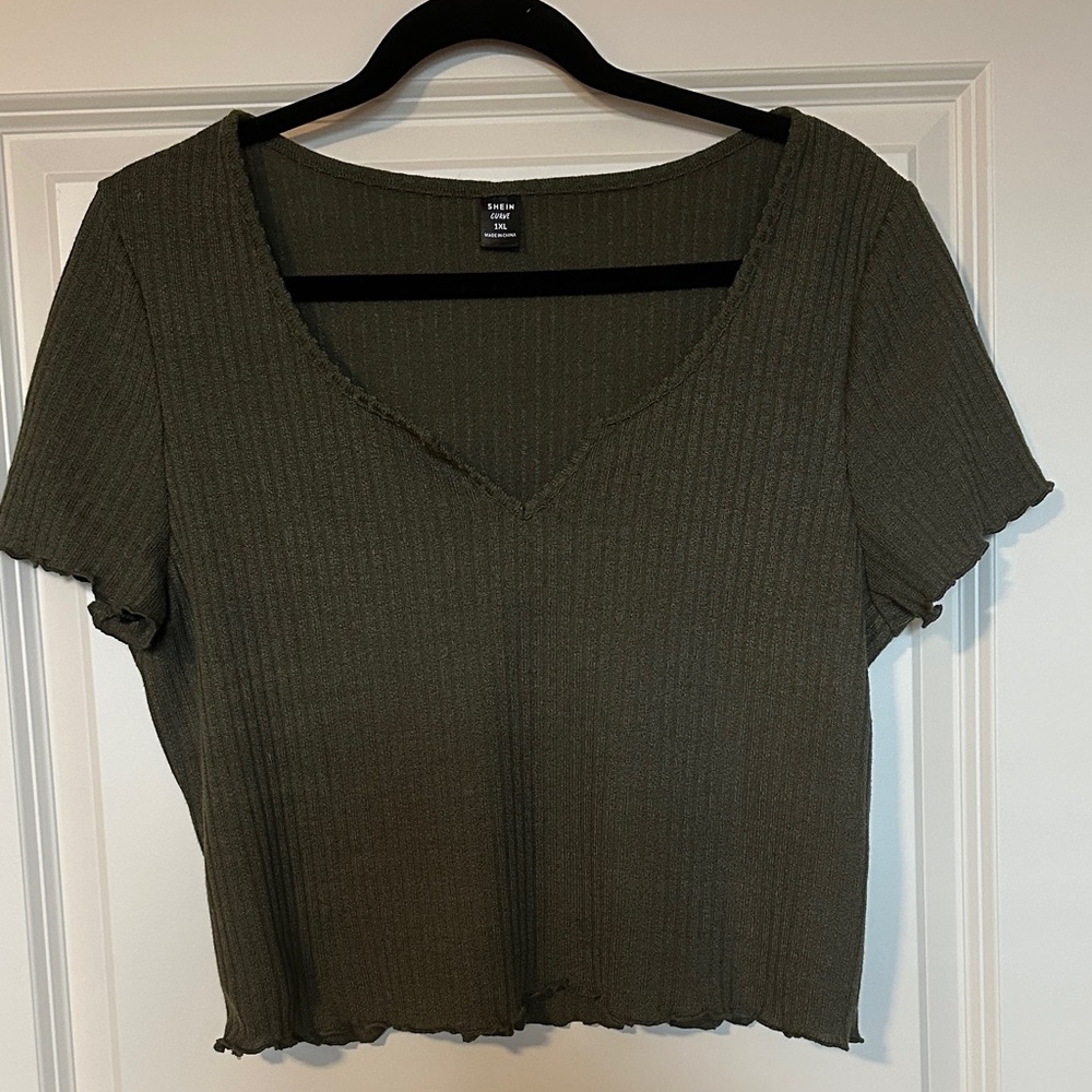 SHEIN Olive Ribbed V-Neck Crop Top